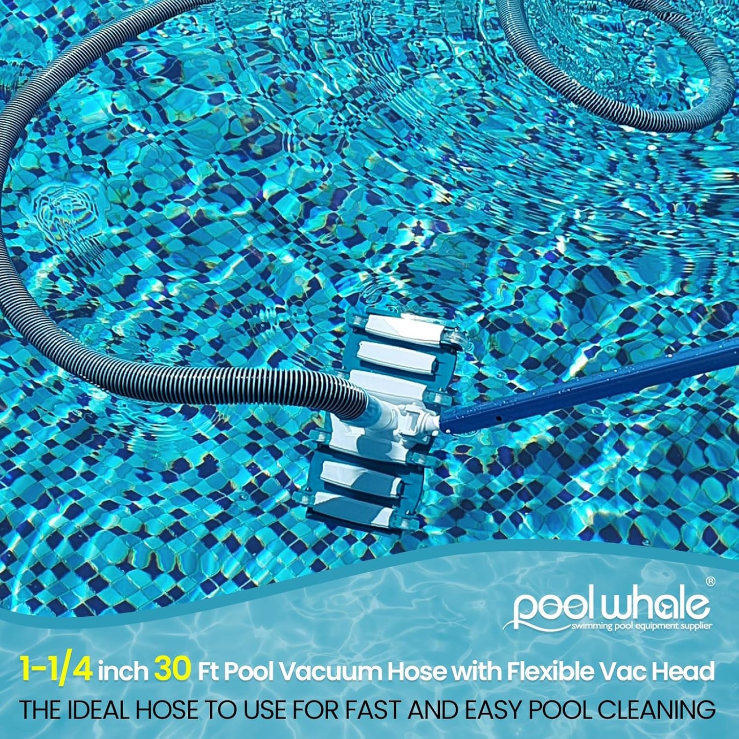 POOLWHALE Swimming Pool Vacuum Hose - 1.5-Inch x 30-Feet with Weighted Handle & Wheels for Easy Use