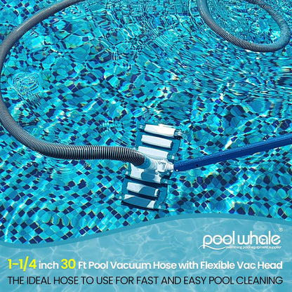 POOLWHALE Swimming Pool Vacuum Hose - 1.5-Inch x 30-Feet with Weighted Handle & Wheels for Easy Use