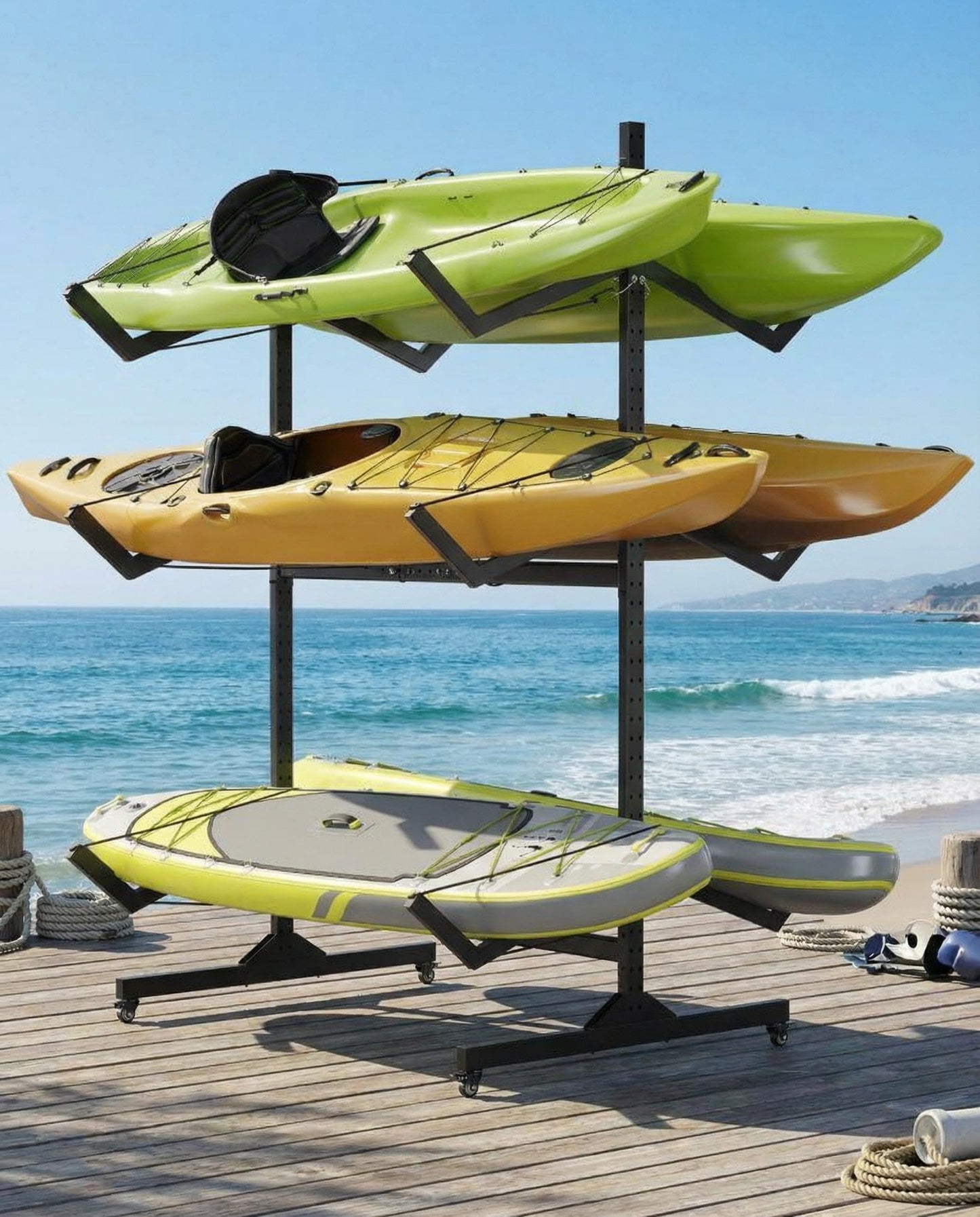 ActiveTrail Freestanding Kayak Storage Rack for 6 Kayaks with Wheels, Heavy-Duty Steel Outdoor Kayak, Canoe & SUP Rack with Hanging Straps for Garage, Dock & Backyard