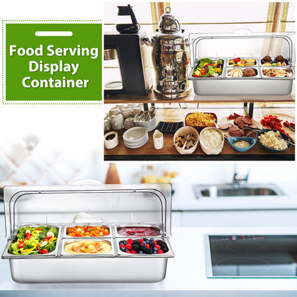 Ziliny Countertop Food Serving Display Container and Clear Roll Top Cover Stainless Steel Food Serving Tray Buffet Condiment Dispenser Display Rack for Restaurant Hotel Kitchen Party (21 x 13 x 11)