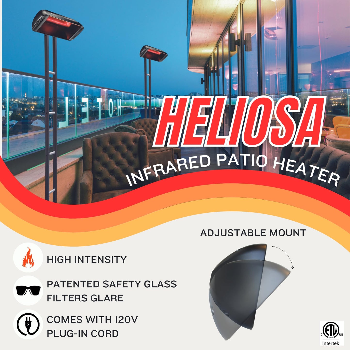 Heliosa Professional Electric Infrared Outdoor Patio Heater, Wall Mounted, Comes with 6' 120V Plug-in Cord, Water Resistant for Residential and Commercial Use