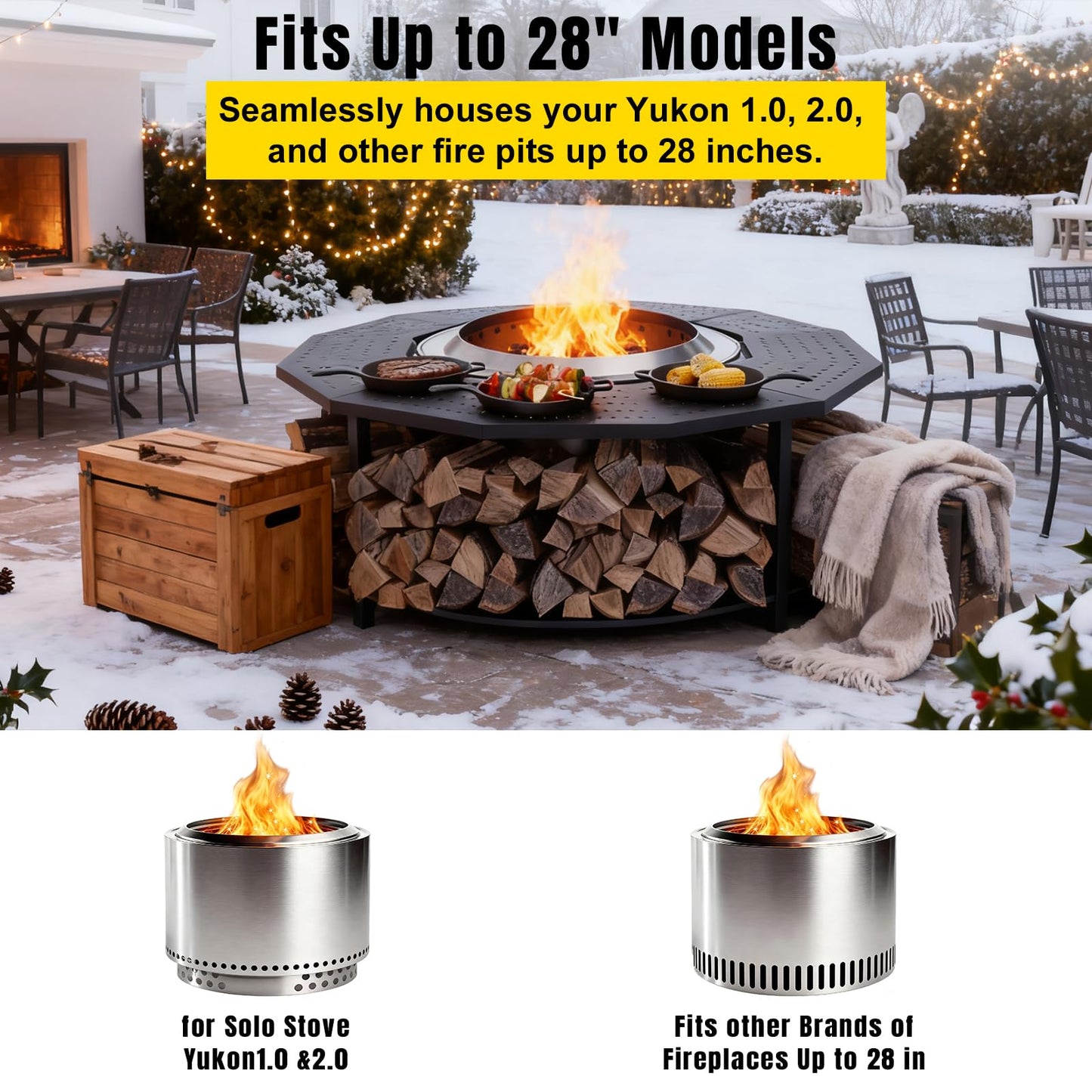 48" Fire Pit Surround Tabletop for Solo Stove Yukon Portable Protective Barrier for Wood Burning Fire Pits Outdoor Bonfire Fire Pit with Firewood Storage Shelf