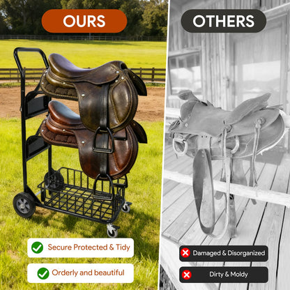 Rolling Saddle Rack Cart with Basket, 220 Lbs, Horse Tack Dolly Saddle Stand for Western & English Saddles, Heavy Duty Saddle Stand for Tack Room, Bridle, Horse Lovers, Cowboy, 32.3*16.9*49.8 inch
