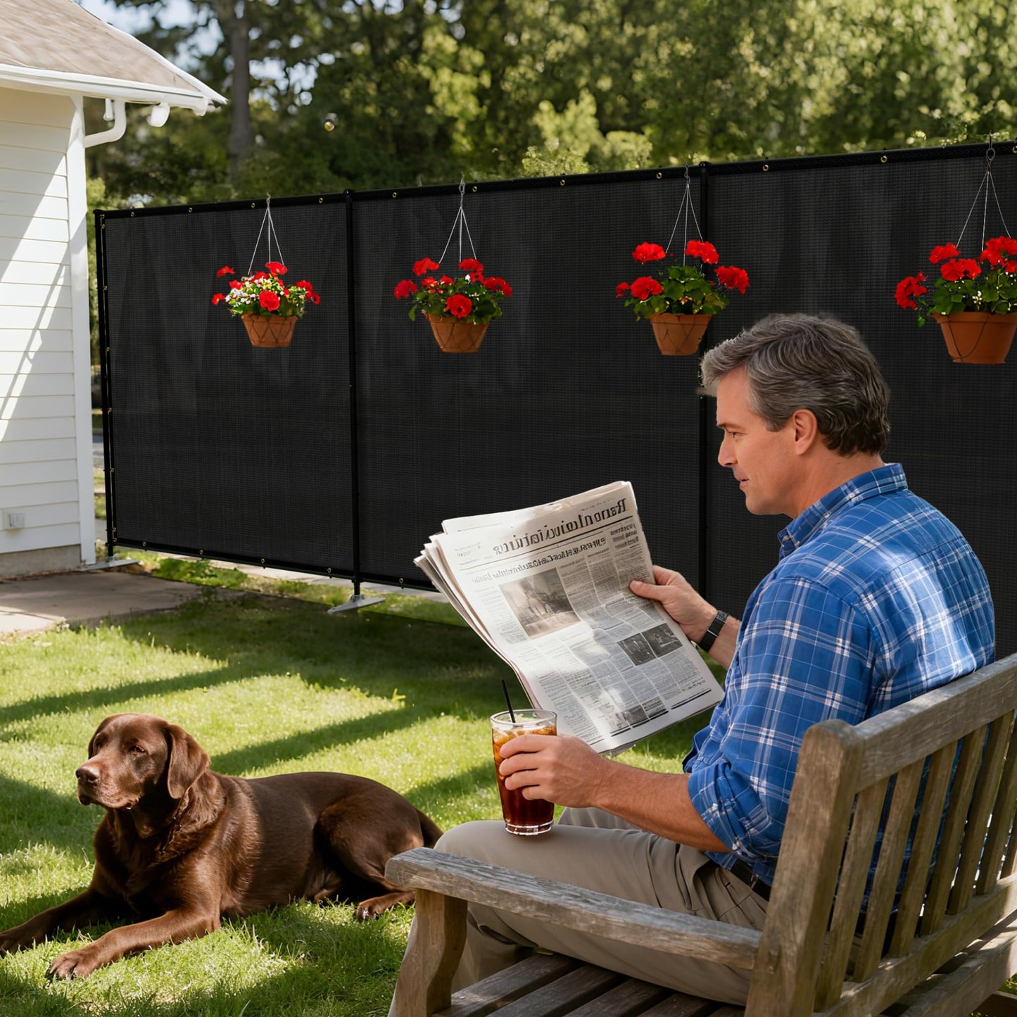 Windscreen4less Outdoor Privacy Fence Screen, 6'x24' Freestanding Privacy Fencing Set with Iron Poles and Ground Spikes, UV Resistant Mesh Cover Garden Pet Fencing for Backyard Patio Pool, Black