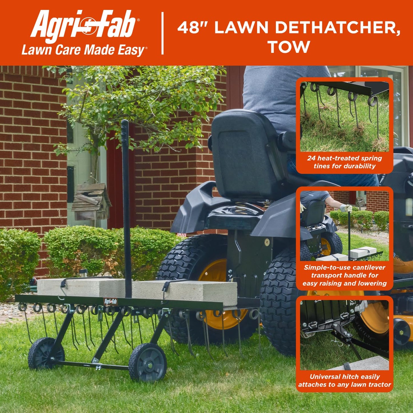 Agri-Fab 45-0295 48in Tow Behind Lawn Dethatcher,24 Durable Spring Steel Tines Lawn dethatcher, Designed to pull behind Lawn and Garden Tractors, Black