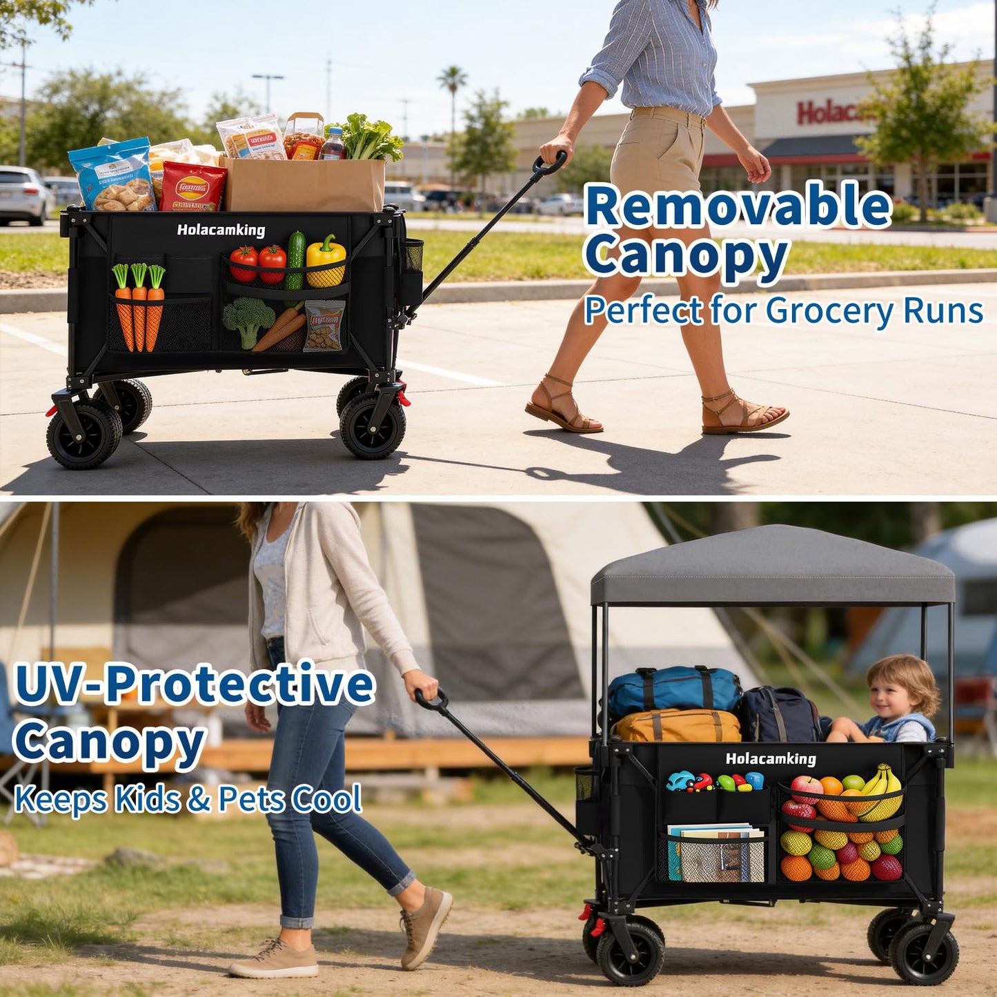 Holacamking Collapsible Canopy Wagon Cart, Heavy Duty Utility Wagon with Removable Sun Cover, All-Terrain Big Wheels, Dual Brakes, Extra Large Grocery Cart for Beach Camping Sports Tailgates, Black