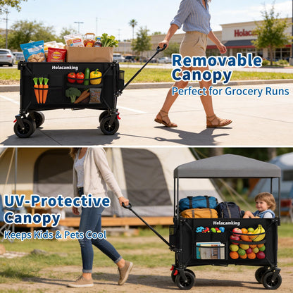 Holacamking Collapsible Canopy Wagon Cart, Heavy Duty Utility Wagon with Removable Sun Cover, All-Terrain Big Wheels, Dual Brakes, Extra Large Grocery Cart for Beach Camping Sports Tailgates, Black
