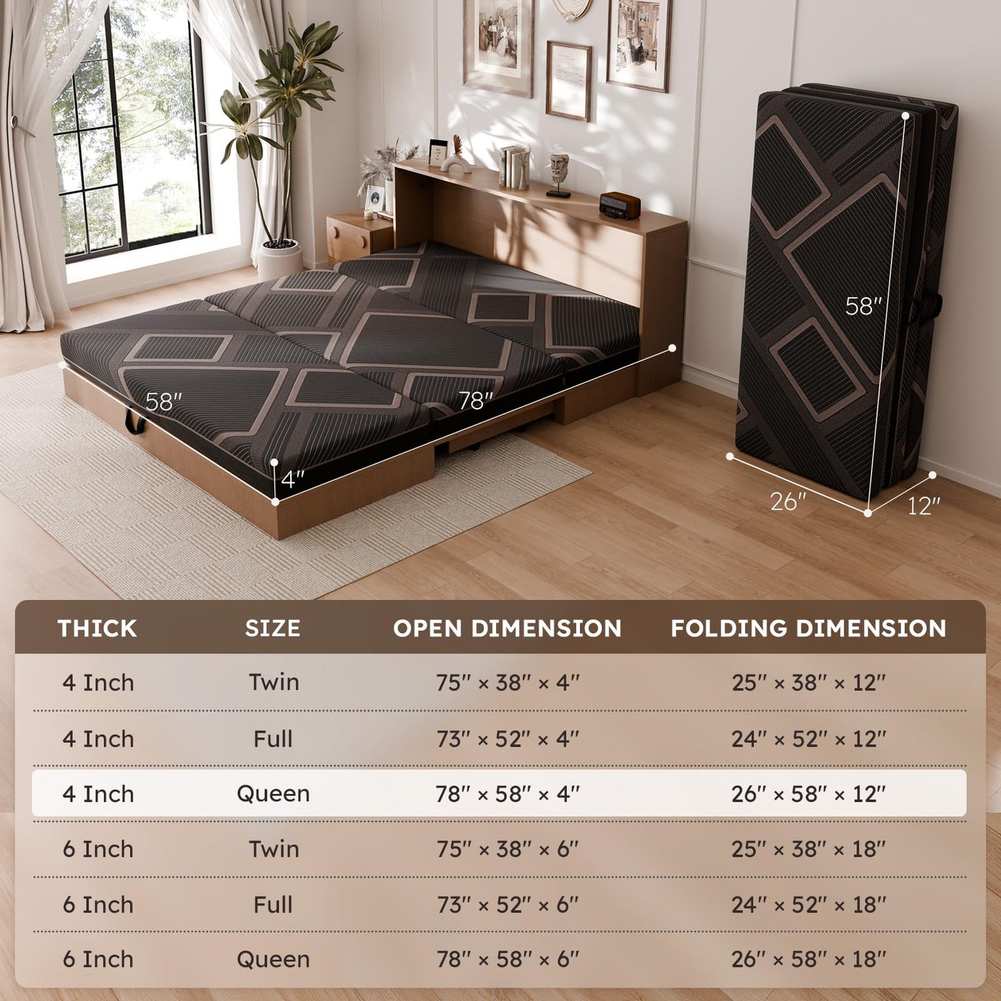 CozyMine Trifold Mattress Queen Size - 4 Inch Foldable Memory Foam Mattress, Washable Cover and Non-Slip Design, Portable Folding Floor Guest Bed Camping RV Travel Pad, Easy to Store, 78" x 58" x 4"