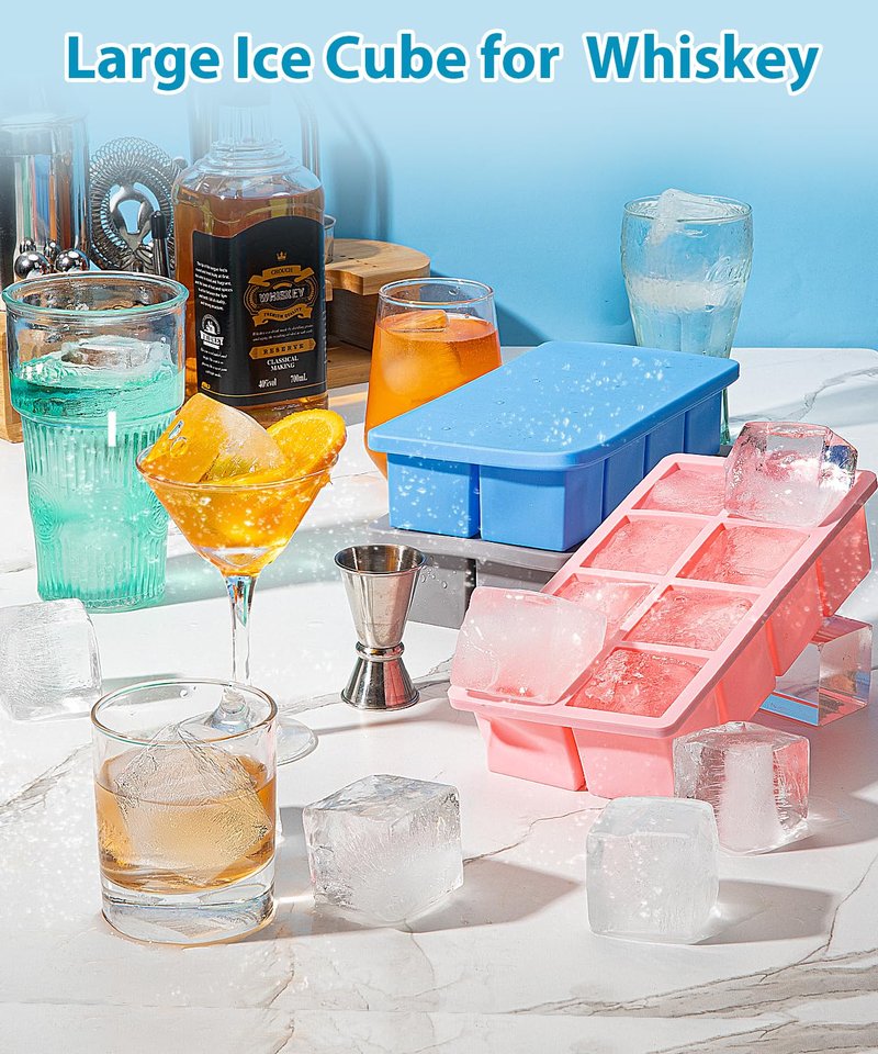 Large Ice Cube Tray 2 Pack, Lxndaser 2 Inch Silicone Ice Cube Molds for Whisky, Cocktail, Big Square Silicone Ice Trays With Lid, Leak-Proof Stackable Design for Freezer, Iced Coffee, Bourbon Drinks