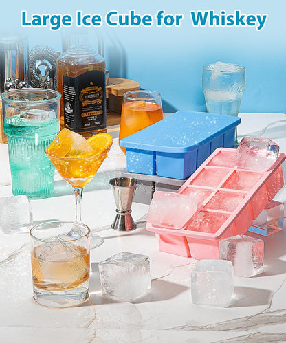 Large Ice Cube Tray 2 Pack, Lxndaser 2 Inch Silicone Ice Cube Molds for Whisky, Cocktail, Big Square Silicone Ice Trays With Lid, Leak-Proof Stackable Design for Freezer, Iced Coffee, Bourbon Drinks