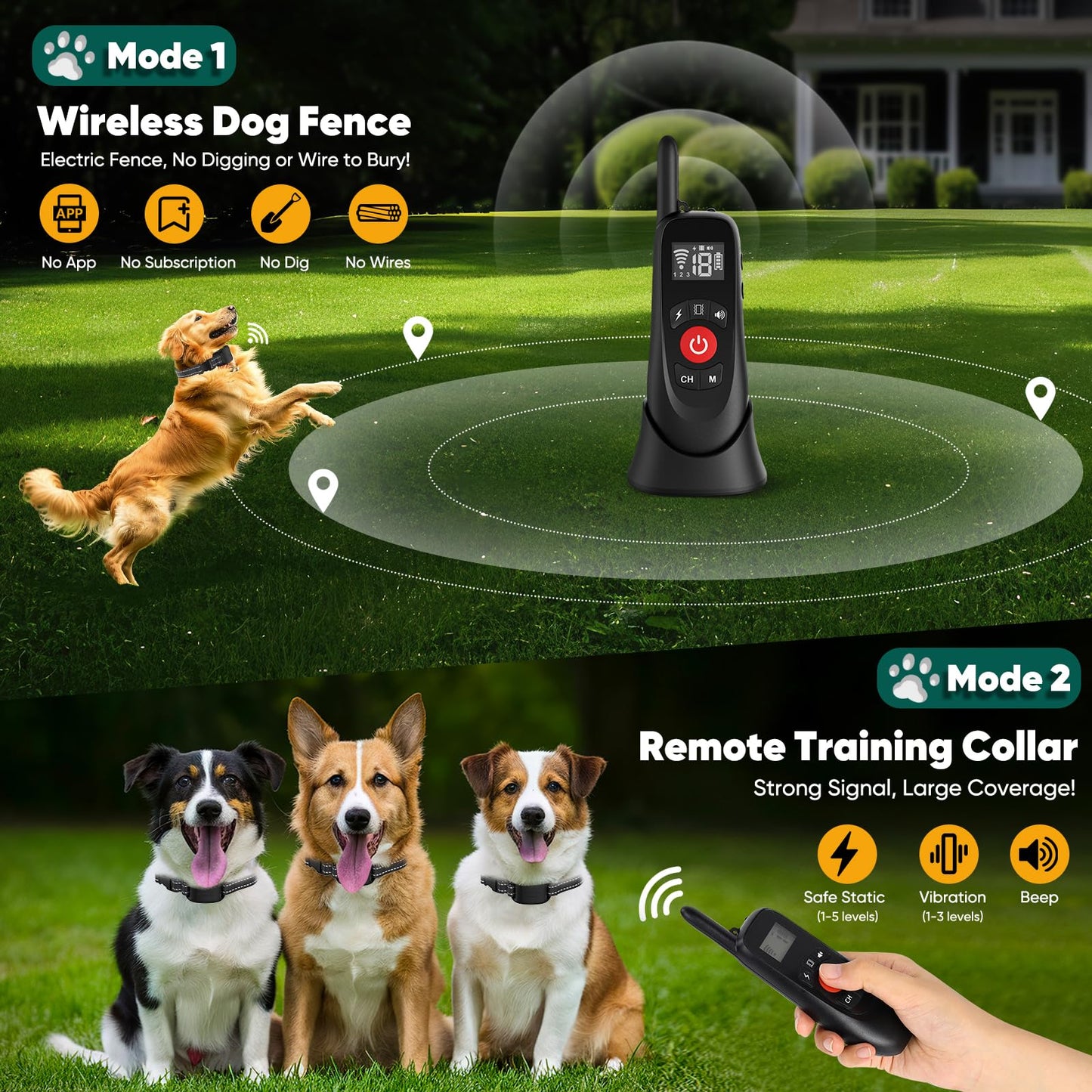 howfateam Wireless Dog Fence Collar, Electric Dog Fence & Remote Training Collar, Magnetic Charging Base, Portable Outdoor Wireless for Yards, Adjustable for Small Medium Large Dogs