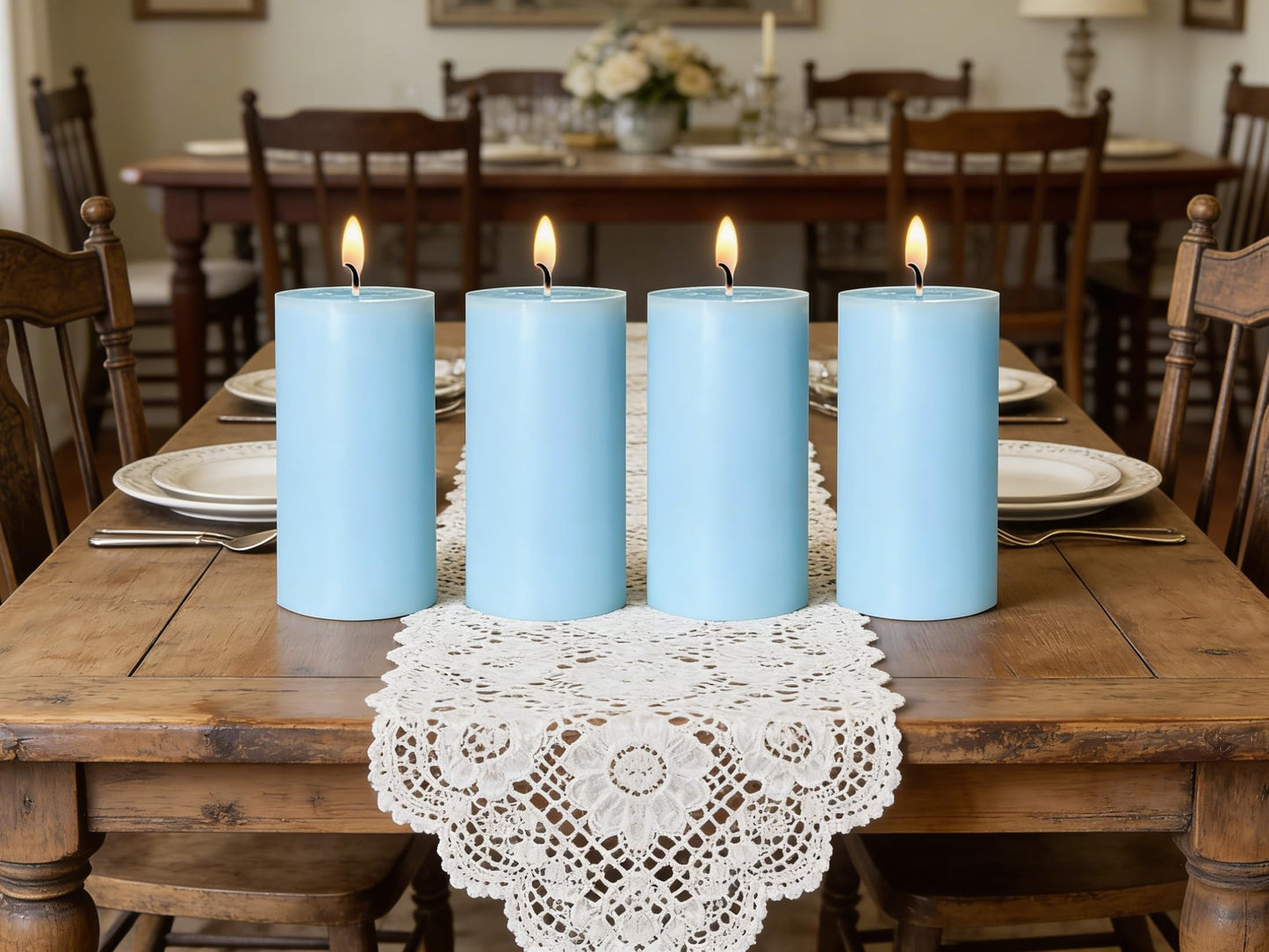 4 Pack Baby-Blue Pillar Candles, 2x4 Inch, Long-Lasting, Dripless and Smokeless Unscented Candles, Ideal for Home Décor, Parties Weddings and Relaxation