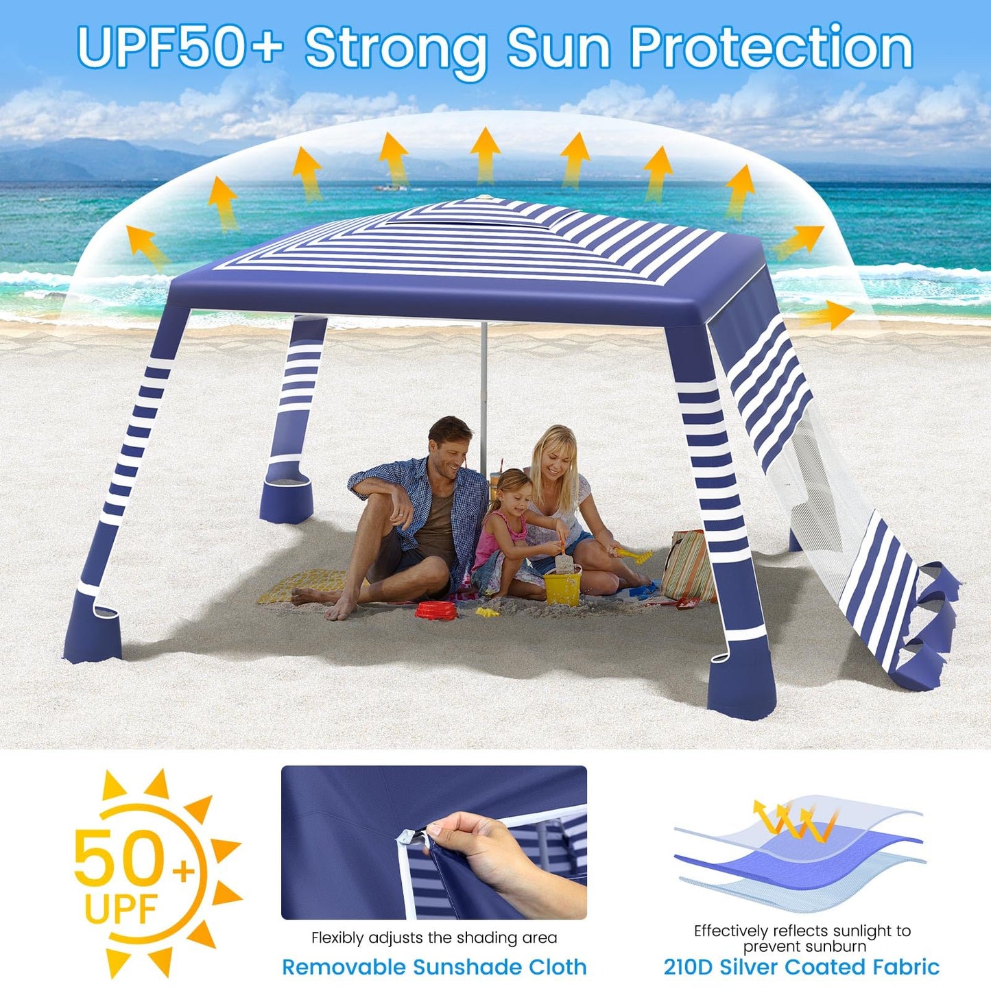 MoKo Beach Cabana, 8'×8' Large Beach Canopy with Side Wall, UPF 50+ Protection Easy Setup Beach Tent Sun Shelter, Adjustable Height Wind Resistant Cabana Beach Tent for Whole Family, Navy Stripes