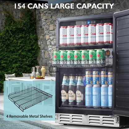 Kalamera 24 inch Stainless Steel Beverage Refrigerator, Under Counter Beverage Cooler for 154 Cans with 32-41℉ Temperature Range - Soda and Beer Refrigerator with Soild Stainless Door