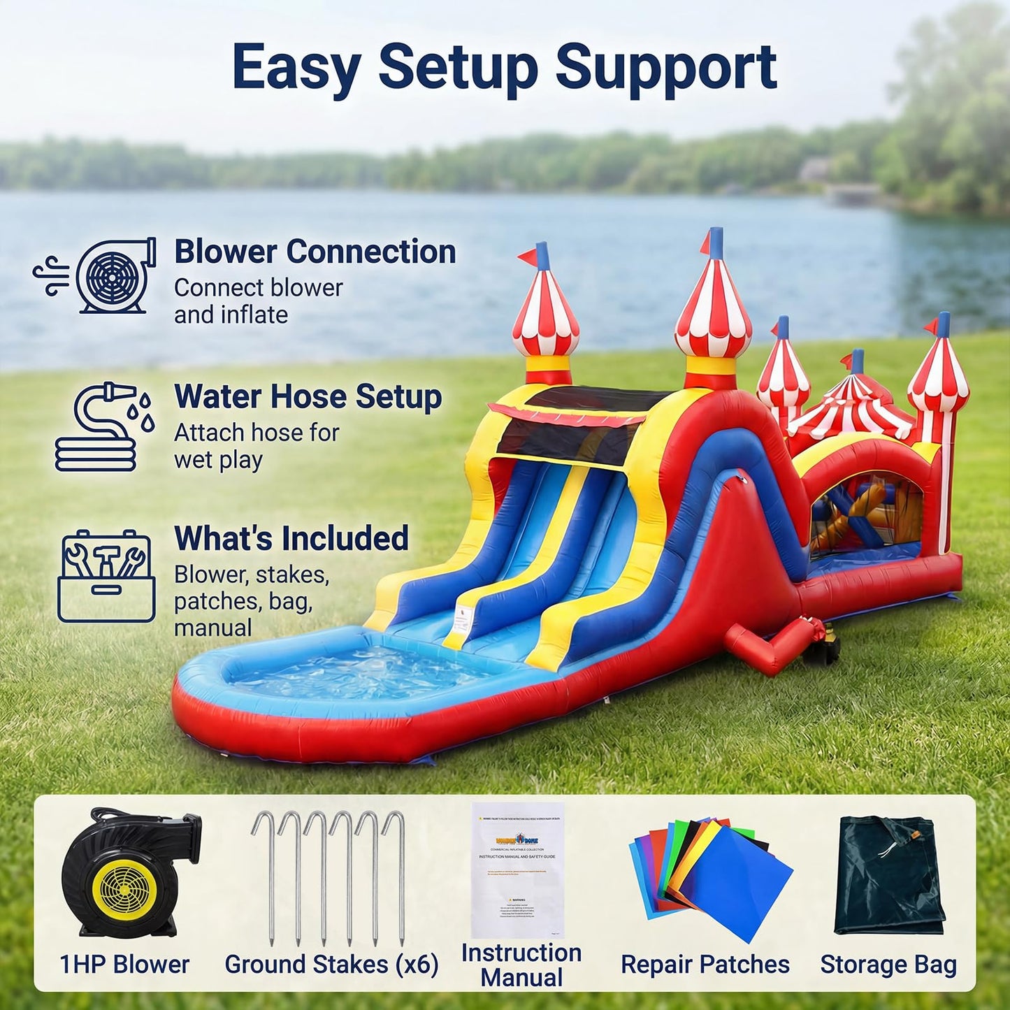 WONDER DOME 28FT Carnival Obstacle Course Water Slide, Wet/Dry Inflatable Bounce House with Climbing Wall, Obstacles & Dual Slides, Commercial-Grade PVC, Blower Included