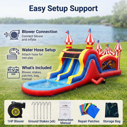 WONDER DOME 28FT Carnival Obstacle Course Water Slide, Wet/Dry Inflatable Bounce House with Climbing Wall, Obstacles & Dual Slides, Commercial-Grade PVC, Blower Included