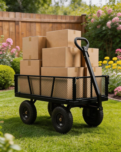 GarveeTech 1000LBS Heavy Duty Steel Garden Cart, Garden Wagon Cart on Wheels, Metal Yard Utility Wagon with Removable Mesh Sides, 13" All Terrain Tires, 180° Rotating Handle for Lawn, Garden, Farm