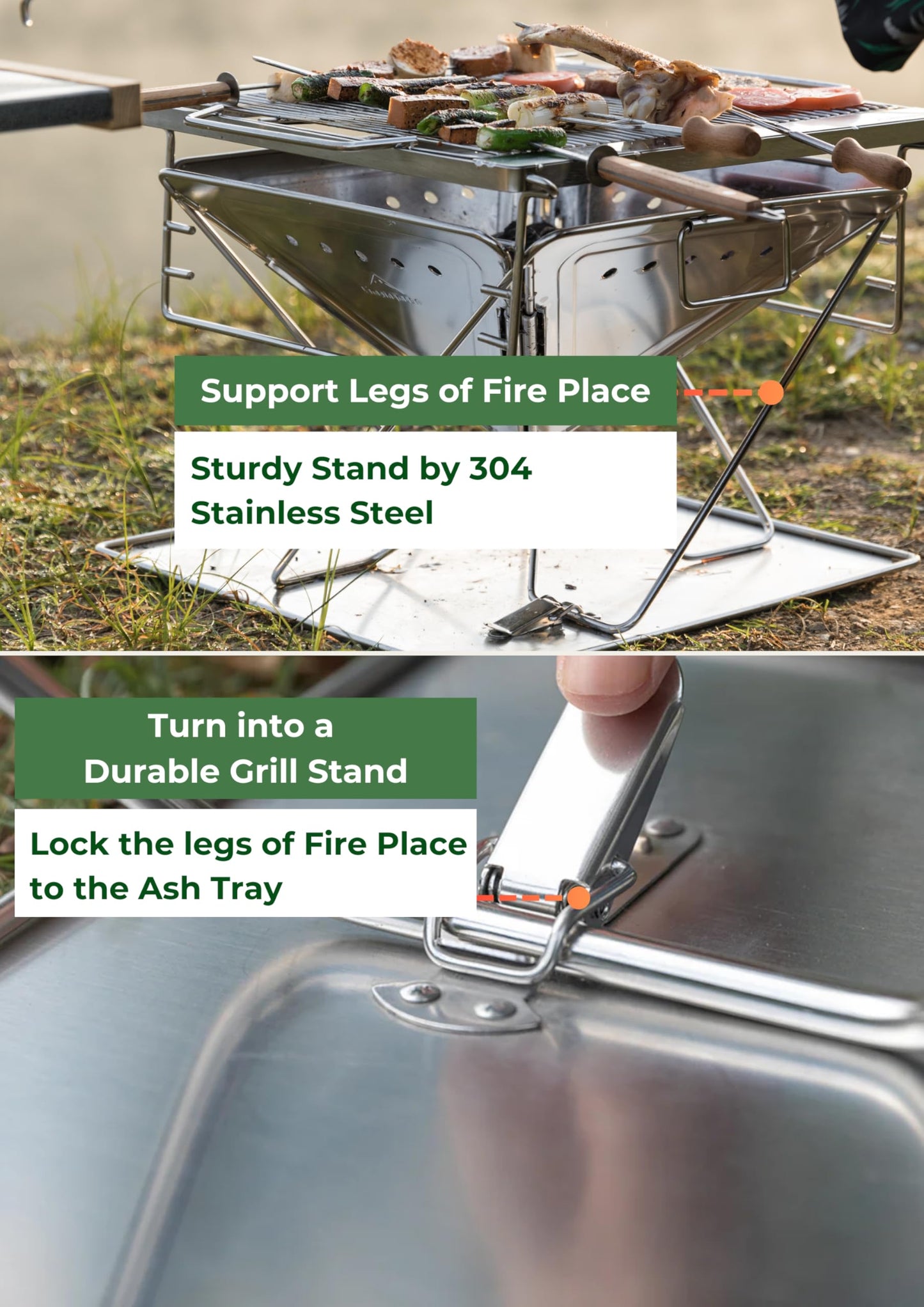CAMPINGMOON 3 in 1 Flatpack Portable Fire Pit Grill 14 inch Foldable Stainless Steel Wood Burning Camping Stove Adjustable Height Overlanding Outdoor Cooking RV Trips Carry Bag included MT-045