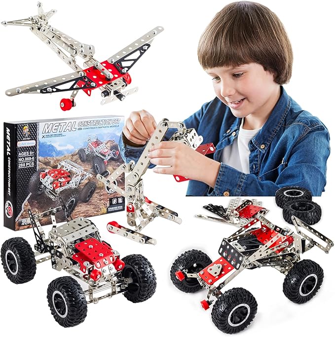 6-in-1 STEM Kit - Engineering Metal Truck Airplane and Sports Car Excavator Toy for Boys 8-12 - STEM Building Toys for Kids 5-7 6-8 8-10 Educational Toys for Kids Boys Model Kit