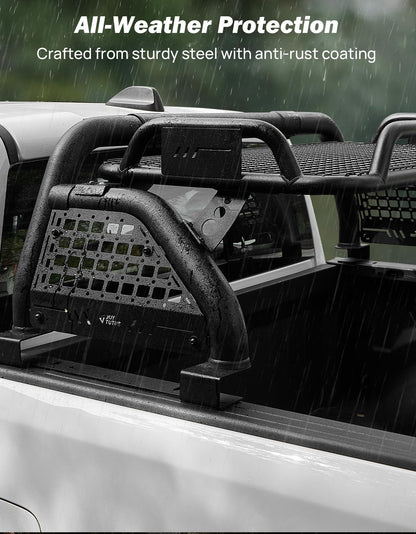 JOYTUTUS Roll Bar for Full Size Truck with Cargo Basket & Brake Light, Pickup Chase Rack Sports Bar Compatible with F150, F250, F350, Silverado, Sierra, Ram 1500 2500 3500, Tundra