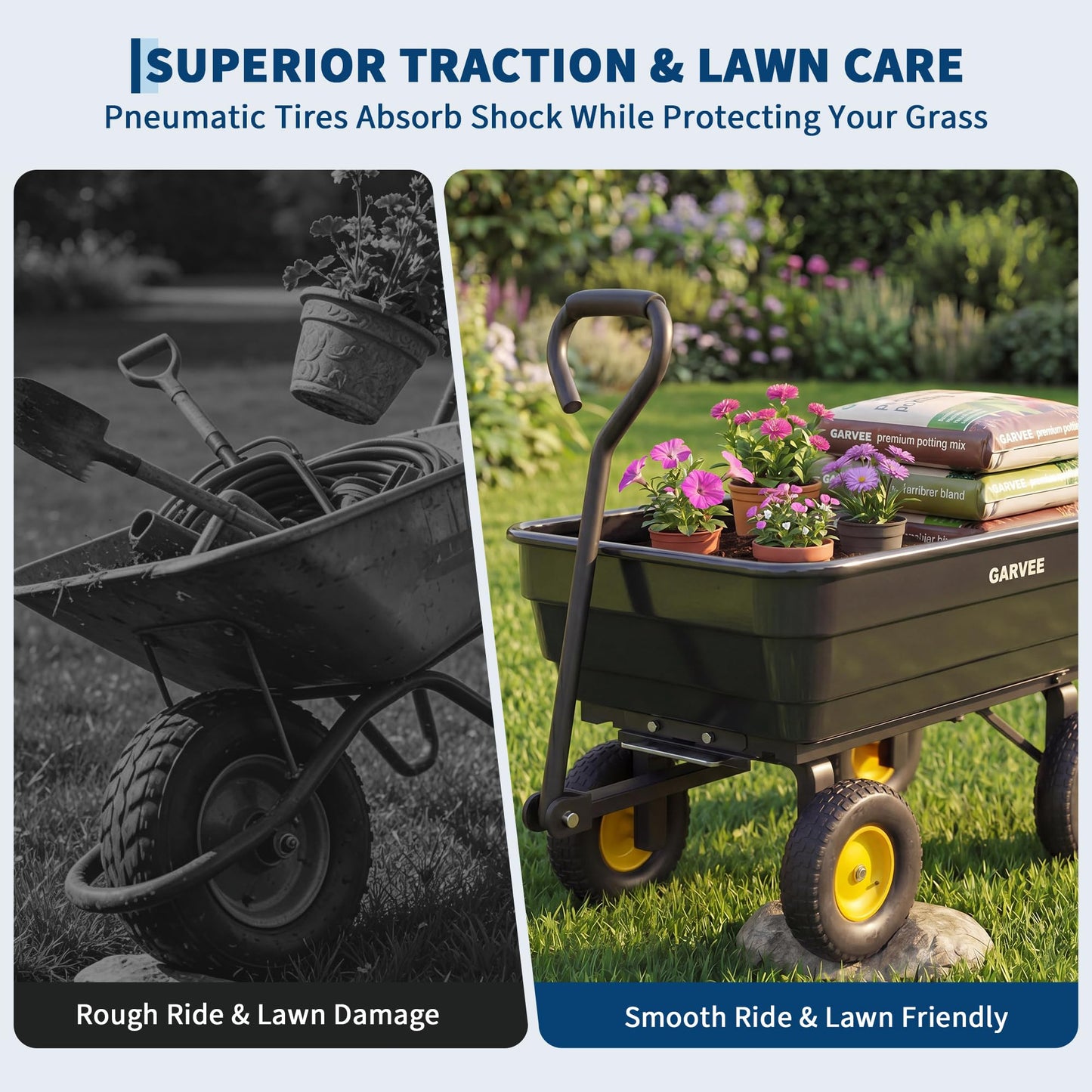 Garvee Poly Garden Dump Cart, Heavy Duty 600lbs Wheelbarrow Yard Cart Dump Wagon with 10”All Terrain Wheels, Garden Utility Wagon with Quick Release System& Convertible Handle Attach to ATV (Black)