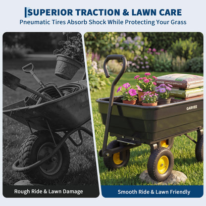 Garvee Poly Garden Dump Cart, Heavy Duty 600lbs Wheelbarrow Yard Cart Dump Wagon with 10”All Terrain Wheels, Garden Utility Wagon with Quick Release System& Convertible Handle Attach to ATV (Black)