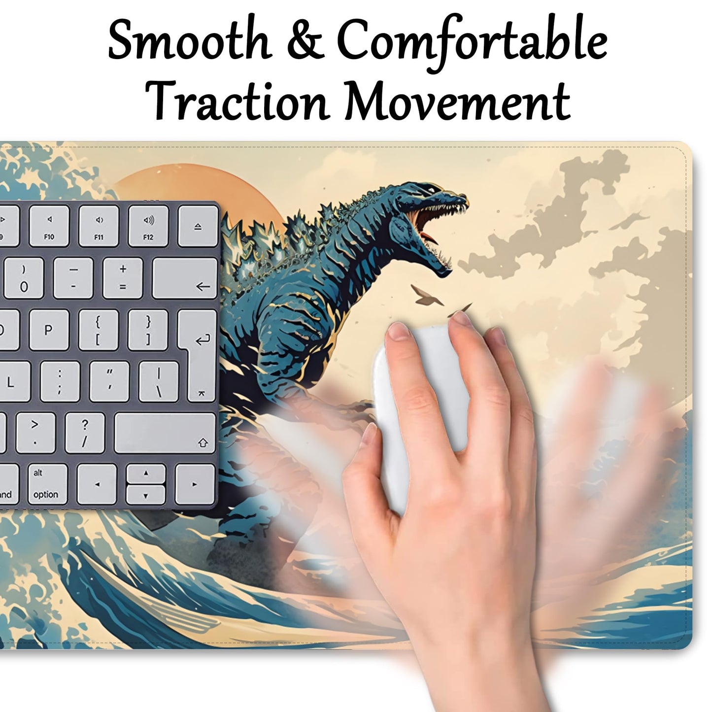 ProbTis Japanese Mouse Pad, Kanagawa Great Wave Mouse Pad, XXL Anime Gaming Keyboard Mat, Stitched Edges Rubber Base, XXL Big Extended Desk Protector for Home Office, 35.4”x15.7” (Sea Wave - Monster)