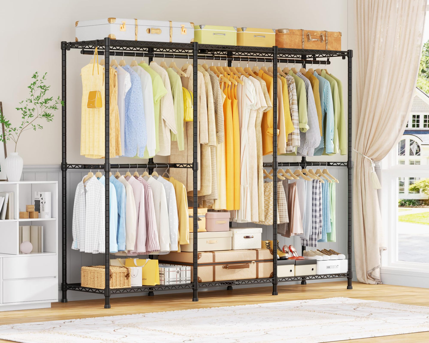 ULIFHOME E14 Pro Heavy Duty Clothes Rack，Freestanding Clothing Racks for Hanging Clothes，Adjustable Closet Organizers and Storage，Metal Garment Rack with Shelves 69"W x16"D x77"H，Max Load 960LBS，Black