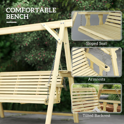 Outsunny 3 Seat Porch Swing with Stand, Wooden Patio Swing Chair with Side Tables and Metal Chains, Outdoor Swing Bench for Garden, Poolside, Backyard, Natural Wood