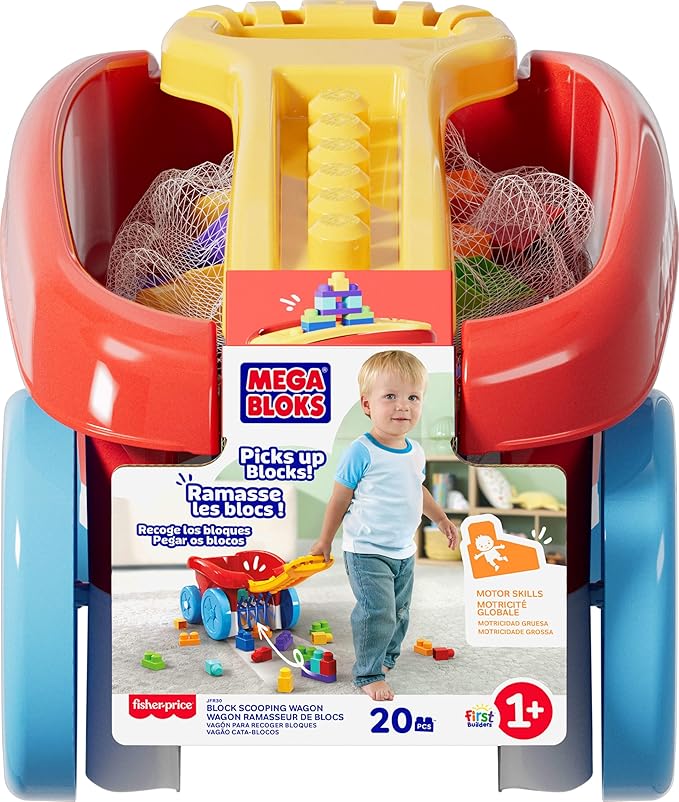 MEGA BLOKS First Builders Toddler Building Toy Block Scooping Pull Wagon with 20 Pieces and Built-in Storage Picks Up Blocks Red Kids Ages 1+