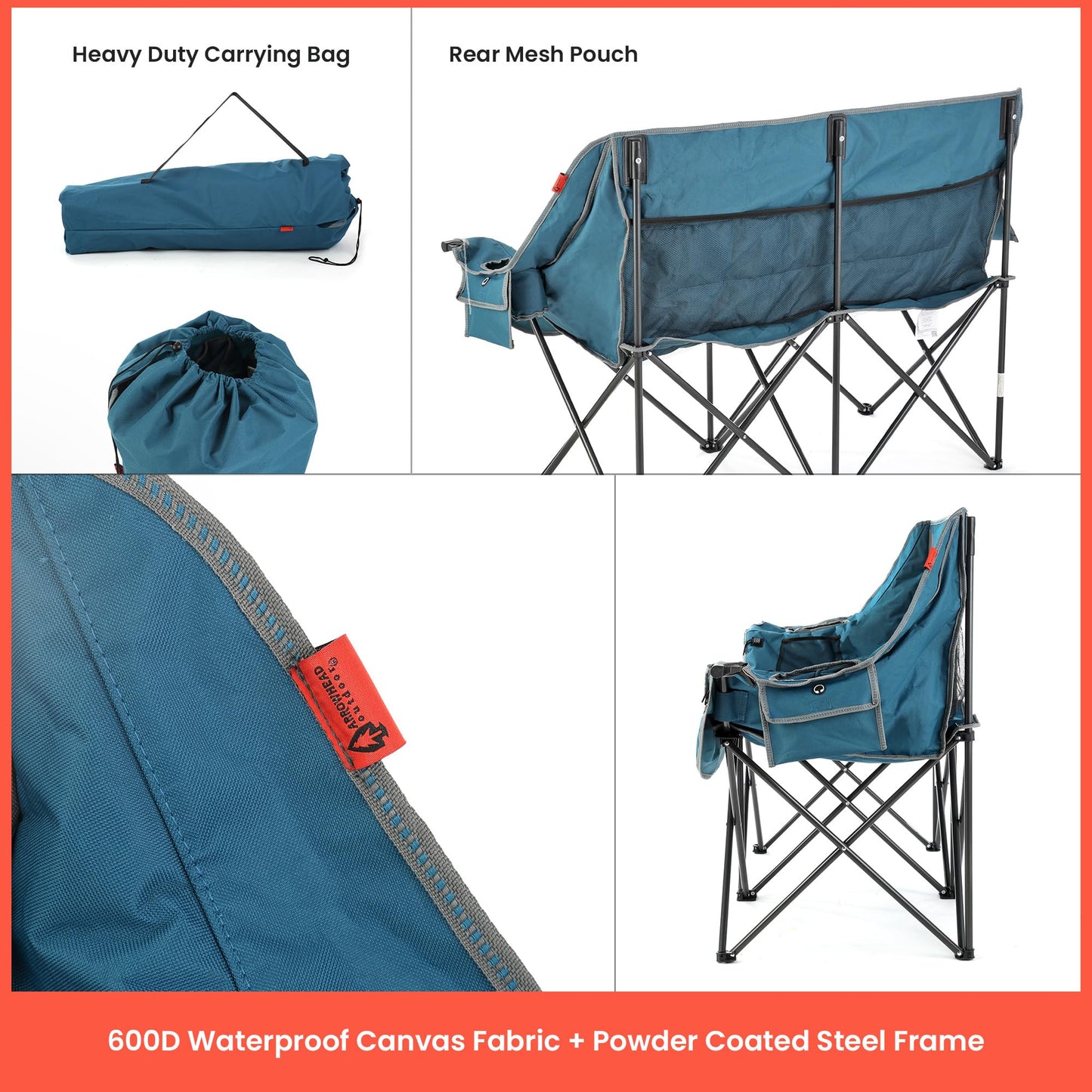 ARROWHEAD OUTDOOR 57" Wide Duo Foldable Heated Camping Loveseat Chair with 3-Stage Heating, Large Cup Holders, Glass Holders, Side Pockets, and Storage Pouches - Blue and Grey
