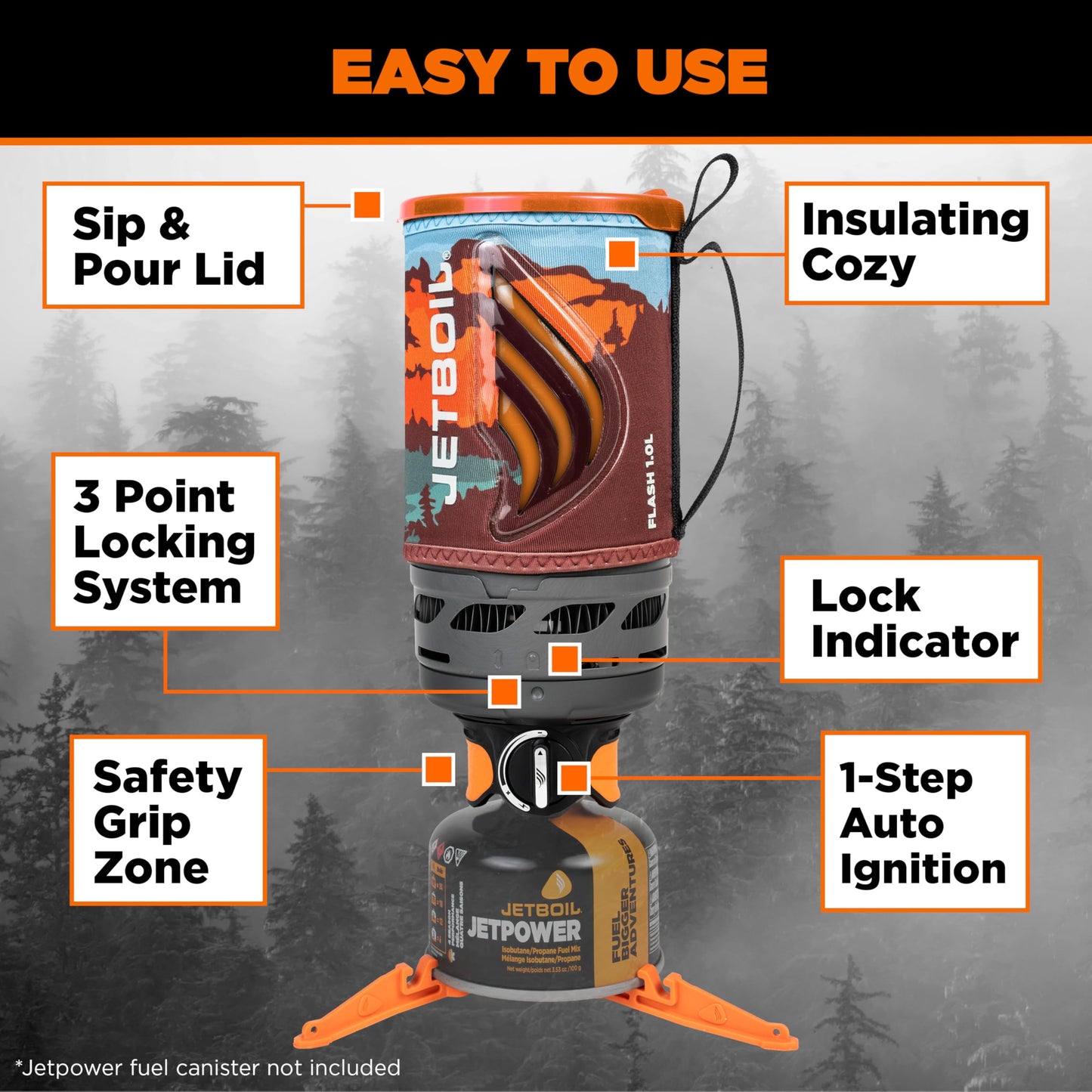 Jetboil Flash 1.0L Portable Fast Boil Stove for Camping and Backpacking with 1-Step Auto Ignition, Propane/Isobutane Burner with Cooking Cup, Mountainscape