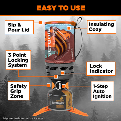 Jetboil Flash 1.0L Portable Fast Boil Stove for Camping and Backpacking with 1-Step Auto Ignition, Propane/Isobutane Burner with Cooking Cup, Mountainscape