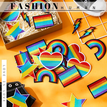 Yuxung 50 Pcs Rainbow Patches Embroidered Iron on Back To School Patches Self Adhesive Appliques Assorted Flags Heart Star Sew on Patch for Teacher Student DIY Craft Clothing Hat Backpack Jeans Jacket
