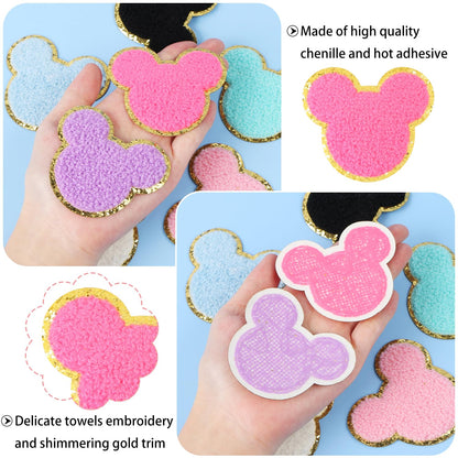 16 Pcs Chenille Bear Patches, EVERMARKET Iron on Patches Cute Chenille Embroidered Applique Patch for Clothing Sew on Glitter Gold Trimmed Decorative Patch for DIY Decors