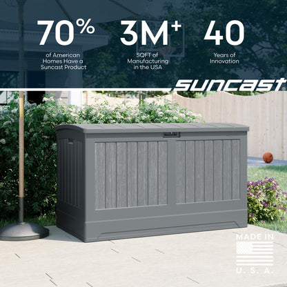 Suncast 200-gal. All-Weather Patio Deck Box, Made in the USA, with Pad-Lockable Lid, Extra-Large Outdoor Storage Unit for Patio Furniture and Grill Tools, Dove Gray Color