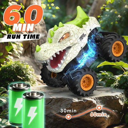 Dinosaur Remote Control Car 2.4GHz Monster Truck Toys Rechargeable RC Cars 1:24 Scale RC Truck with LED Light Movable Mouth Dinosaur Cars Toys for Kids 6-8 8-12 Birthday Gift Orange