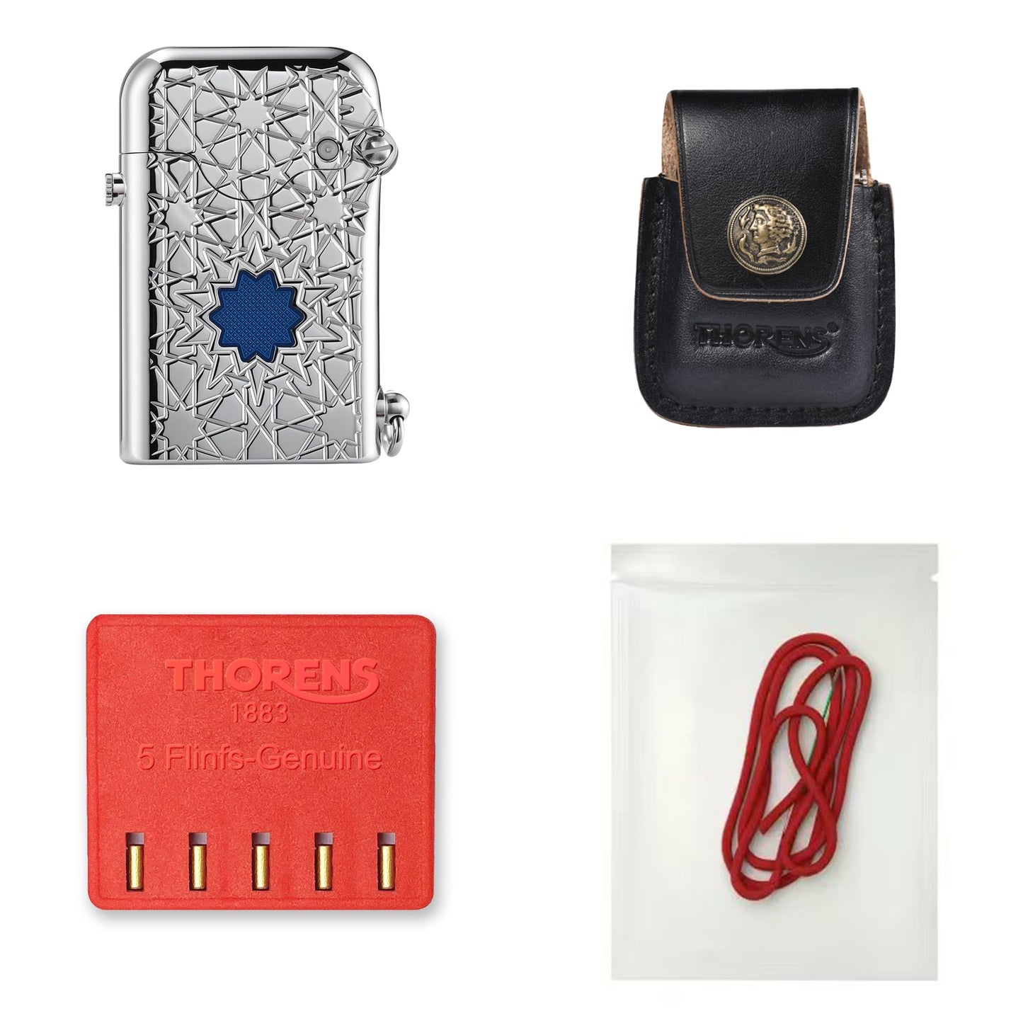 Thorens Lighter Bundle - 4-Piece Set with 1 Lighter, 1 Leather Case, 5 Flints & 1 Cotton Wick, Refillable Kerosene Design - Multi-Purpose Vintage Lighter Ideal for Gifting