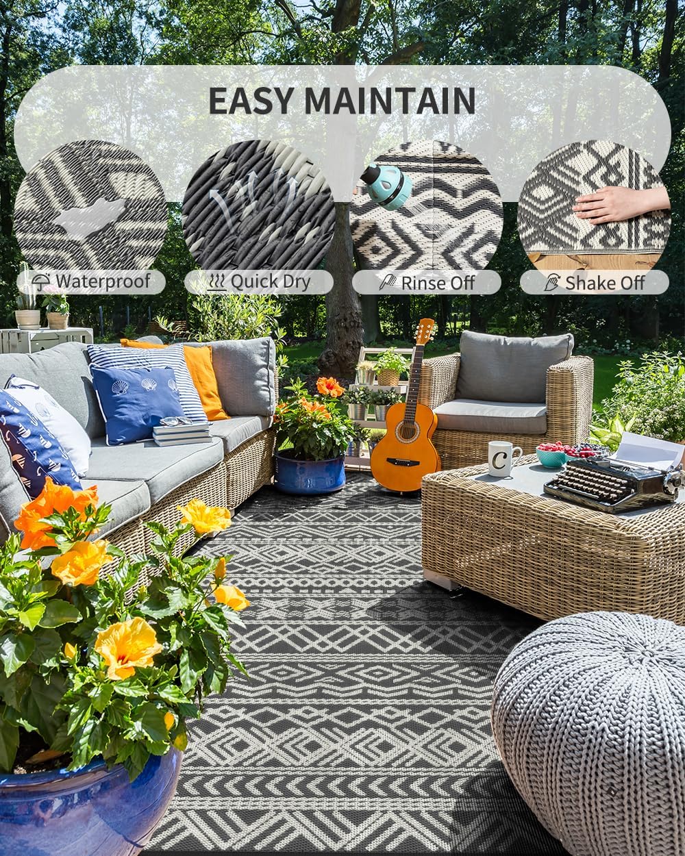 MontVoo Outdoor Rug Carpet Waterproof 10x14 Outdoor Patio Rug Mat Reverisble Plastic Straw Outdoor Rugs for RV Camping Picnic Beach Balcony Boho Grey Large