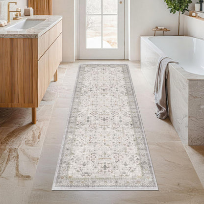 Regine Switzerland Light Grey 2x7 Boho Bathroom Runner Rug - Washable Floral Design, Non-Slip for Hallway & Bedroom
