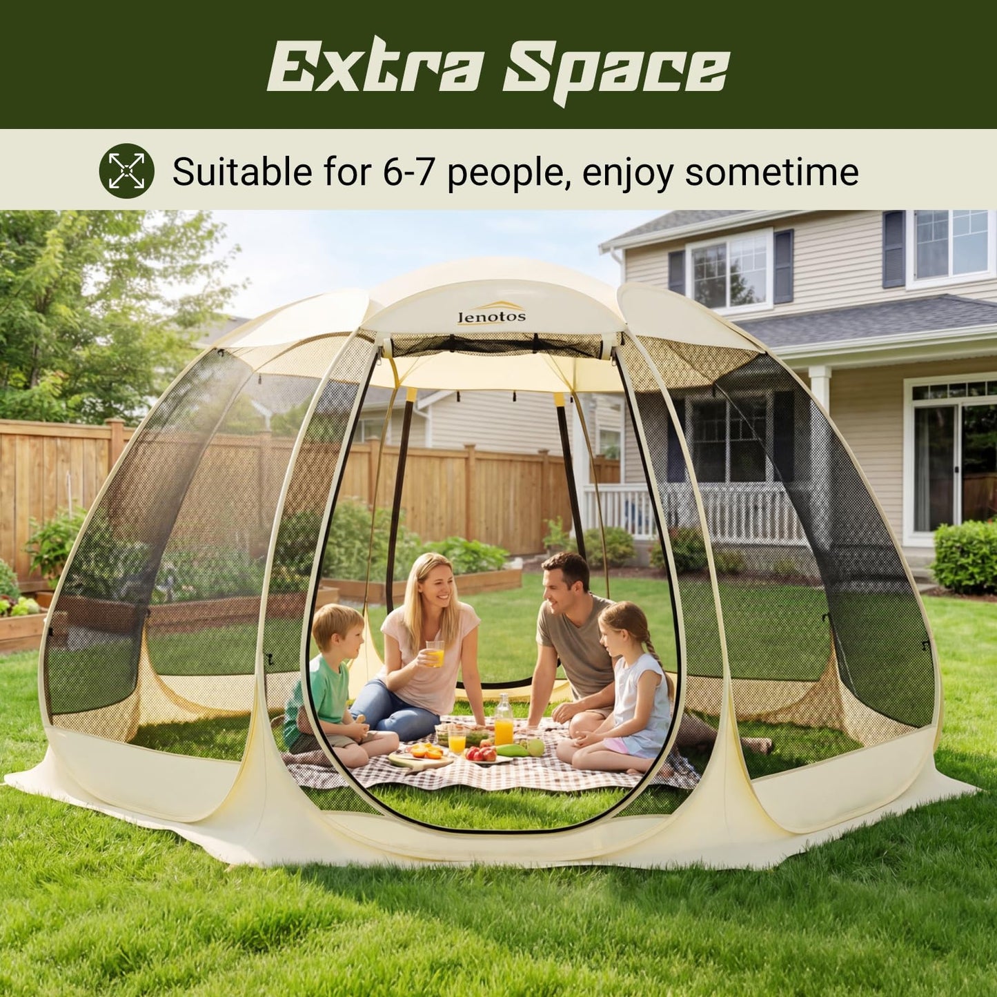 Lenotos Pop Up Screen House, 12.5'x12.5' Outdoor Screen Tent for Camping, Screened Gazebo with Mosquito Netting, Carry Bag