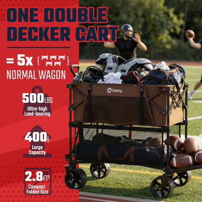 Sekey 500LBS Heavy Duty Double Decker Wagon with Extender, 400L Large Capacity Collapsible Garden Cart Fits 10x10 Canopy, All-Terrain Big Wheels with Brakes, Foldable Utility Wagon for Sports, Camping