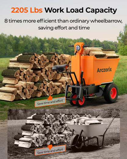 Arczorix Wheelbarrow Utility Cart with Seat & Stand, Electric Powered Cart 48V 20Ah Sealed Lead Acid Battery 1000W Capacity 2205Lbs, Material Hauler, Electric Wagon