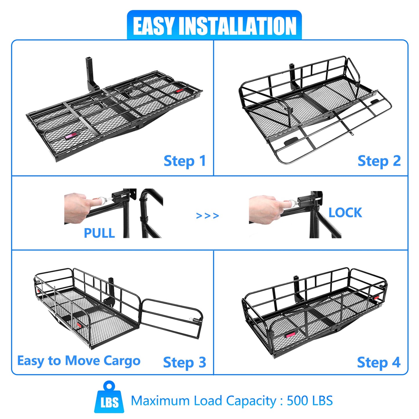 KAIRAY 500 Lbs Heavy Duty Hitch Mount Cargo Carrier 60" x 24" x 14.4" Folding Cargo Rack Rear Luggage Basket Fits 2" Receiver for Car SUV Camping Traveling