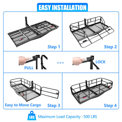 KAIRAY 500 Lbs Heavy Duty Hitch Mount Cargo Carrier 60" x 24" x 14.4" Folding Cargo Rack Rear Luggage Basket Fits 2" Receiver for Car SUV Camping Traveling