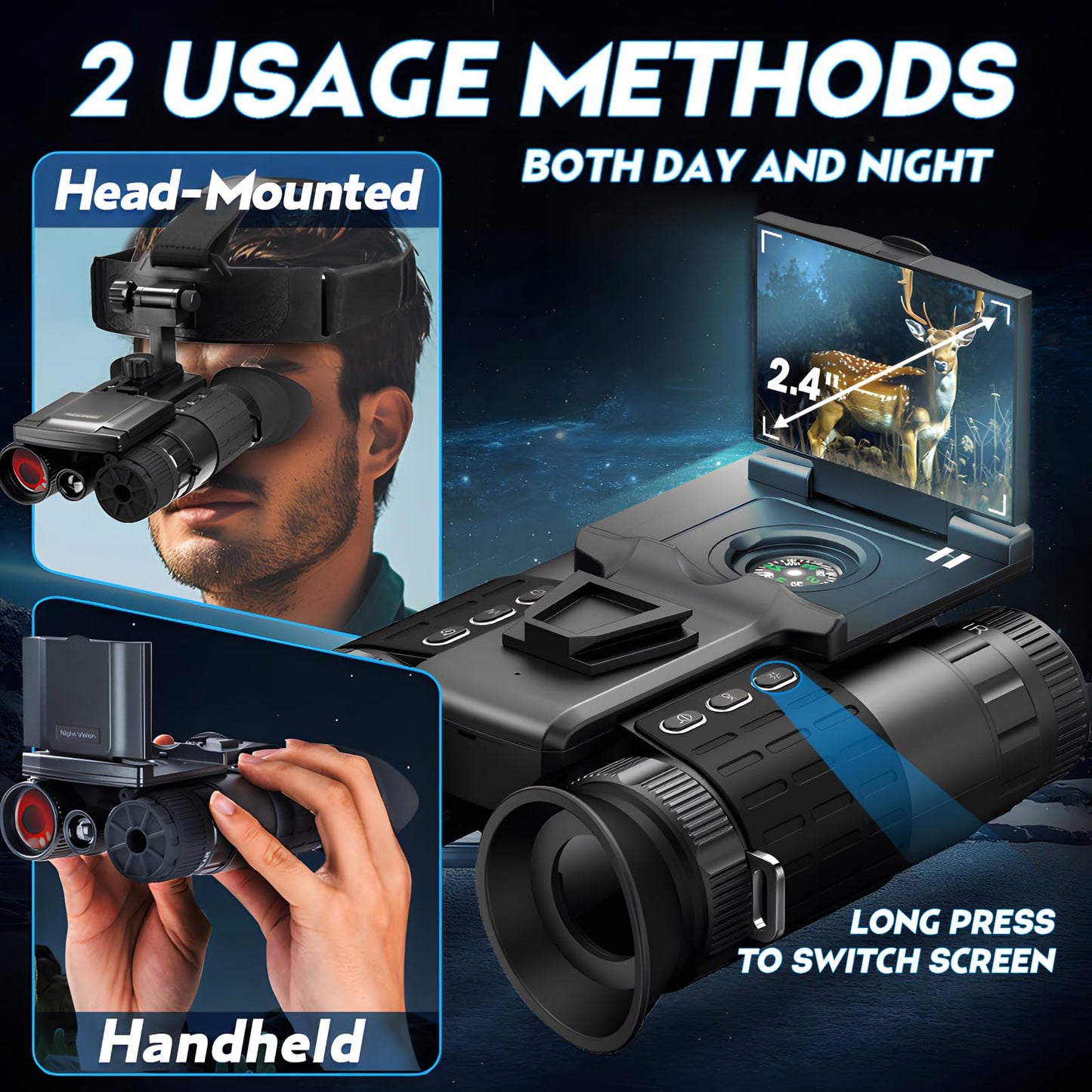 Head Mounted Night Vision Goggles with 2.4-inch Screen for Adults 2000FT - 4K Night Vision Binoculars, Infrared Goggles with 64GB Card with Flashlight 8X Digital Zoom Outdoor Exploration Camping Black