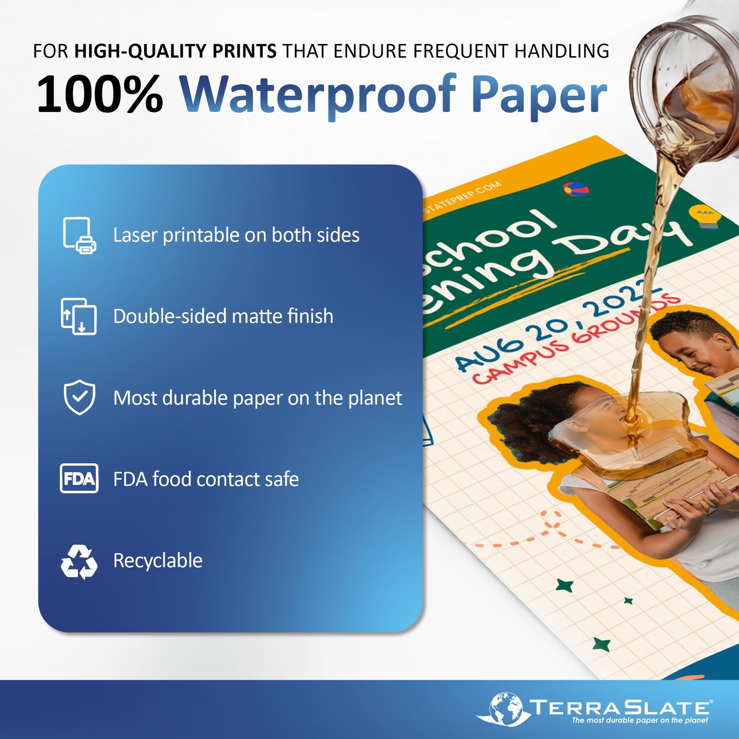 TerraSlate Waterproof Paper, Rip-Proof Paper, 50 Sheets, 5 Mil (24lb Bond), 11” x 17”, Laser Printer and Copy Machine Compatible