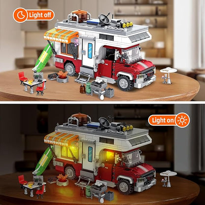 Camper Van Building Set Compatible with Rvs Camper Vehicles Summer Beach Holiday Camping Car Building Toy with Light Gift for Adults and Boys Girls Kids Teens 8-12 (924 PCS)