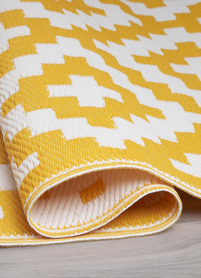 FH Home Outdoor Camping Rug - Waterproof, Fade Resistant, Reversible - Premium Recycled Plastic - Geometric - Large Patio, Deck, Sunroom, RV - Aztec - Yellow & White - 9 x 18 ft Foldable