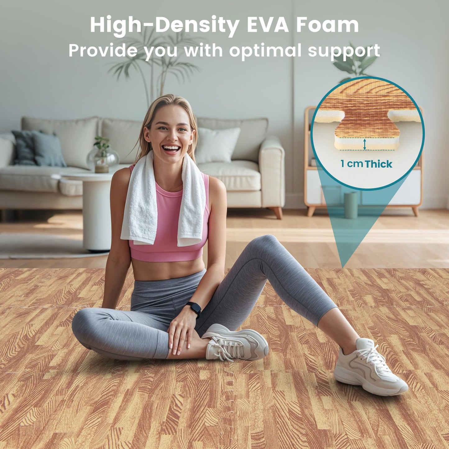 Happygrill 100 Sq. Ft. Interlocking Foam Floor Tiles, 25 PCS 2/5 Thick Wood Grain EVA Foam Mat w/50 Borders, 24” x 24” Puzzle Exercise Mat Gym Flooring for Home Gym Apartment Basement Play Room Yoga